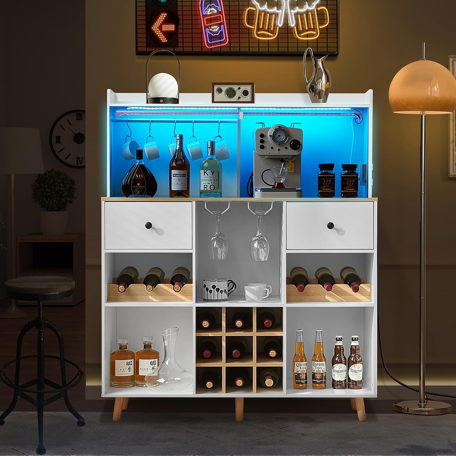 Home Bar Shelf - Винный шкаф-бар с розеткой и LED-подсветкой,